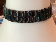 Vintage Black Iridescent Choker 14” Glass Bead Purple Green Blue Peacock Colors