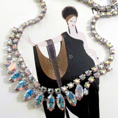 VTG DELICATE B DAVID AB RHINESTONE DECO 17″ NECKLACE EARRINGS 60s PRONG SET EXC