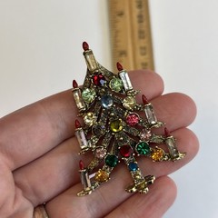 Vintage Pakula Christmas Tree Pin 2.25” tall with Rhinestone Candles & Ornaments