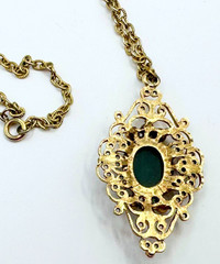 Necklace & Gold Tone Filigree Jade Stone & Faux Pearls Pendant Vintage