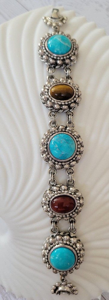 RJ Graziano Faux Turquoise Tigers Eye Carnelian Link Bracelet, Southwestern Silv