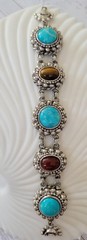 RJ Graziano Faux Turquoise Tigers Eye Carnelian Link Bracelet, Southwestern Silv