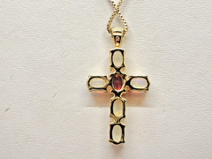 Fire Faux Opal & Garnet 925 Sterling Silver Cross Pendant Necklace 18″ inch