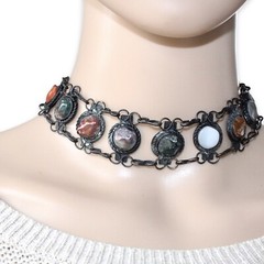 Vintage Gemstone Choker Necklace Black Metal Agate Jasper Chalcedony Carnelian