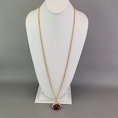 Vintage Liz Claiborne Necklace Faux Watch Fob Pendant Red Gold Tone 31″