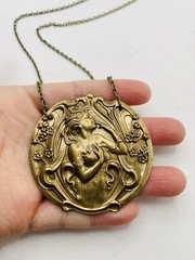 Vintage Style Art Nouveau Fairy Goddess Enchanted Forest Medallion Necklace 18in