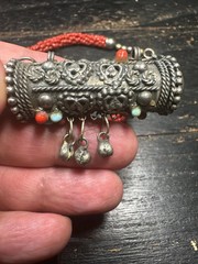 Vintage Nepal Prayer Box Necklace, Himalayan Ghau Amulet Pendant with Red Glass