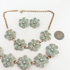 Vintage Pastel Blue Enamel Flower Set Earrings Necklace Clip On Earrings Spring