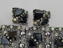 Wide Rhinestone Panel Bracelet 5 link & Earrings Set ab black rhinestones vtg