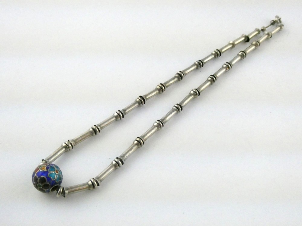 Vintage Sterling Silver Blue Cloisonne Bead Link Necklace 13.4g 925 14.5 Inches