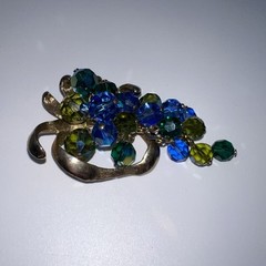Vintage Schrager Blue & Green Aurora Borealis Crystal Brush Gold Brooch