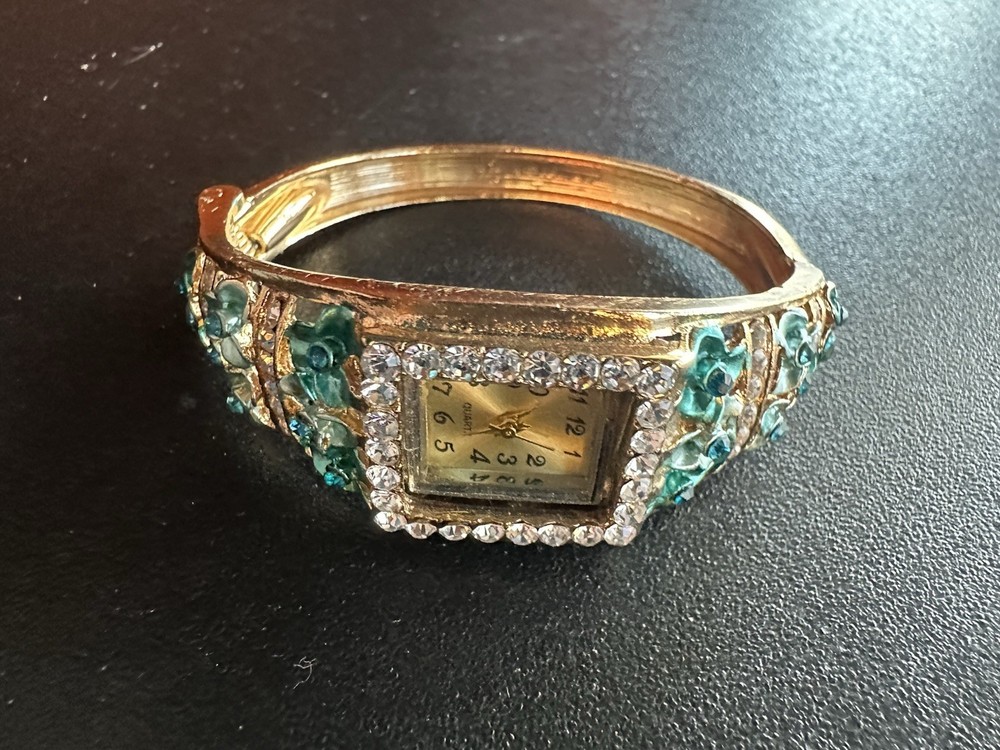 Ethnic Cloisonné Bracelet Watch With Floral Gemstone Alloy Wristwatch