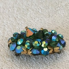 Vintage Brooch AB Crystal / Glass Beads Faceted Heavy Blues & Greens Sparkly