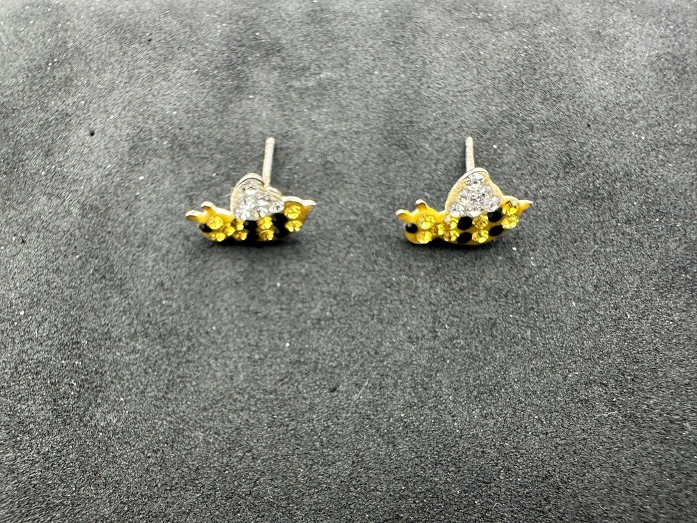 0.68g Vintage Sterling Silver 925 Earrings Yellow Black Sparkle Heart Design M