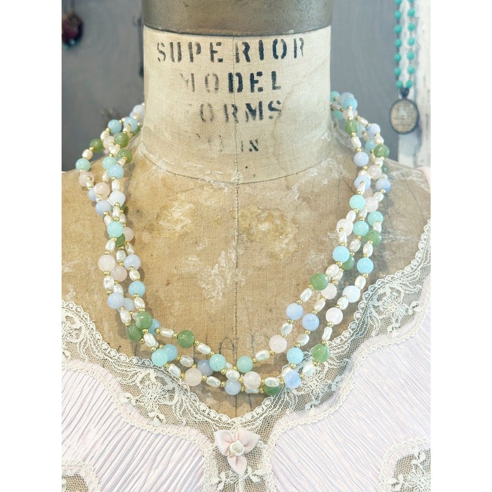 Vintage Faux Jade and Pearl Triple Strand Beaded Necklace