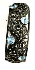 Vintage .835 Silver Hinged Cuff Bracelet w/Marcasites & Pastel Blue Round Gems