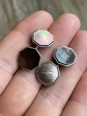 Iridescent MOP Mother of Pearl Octagonal Silver Tone Antique Edwardian CuffLinks