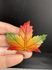 Vintage Canadian Maple Leaf Leather Brooch Pierced Earrings Set Signed By Artist