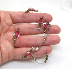 Sterling Silver Pink Clear & Green Floating Bead String Necklace 15.5 Inch