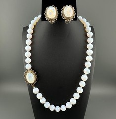 Vintage Opalite Necklace Earrings Set Silver Tone Scalloped Filigree Box Clasp