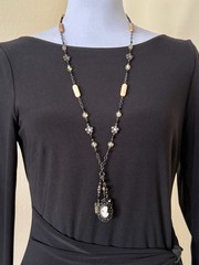 Vintage David Aubrey Necklace Cameo Crystal Rhinestone 30” Long + 2 1/4” Drop
