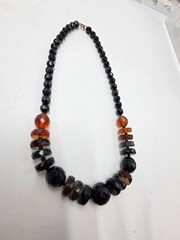 Vintage Czech Black Faceted Glass Bead Necklace Clear Crystal Accents 17″