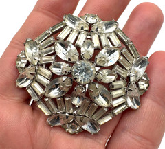 Signed Kramer NY Clear Rhinestone Brooch Pin Vintage 2.5″ Rhodium Statement