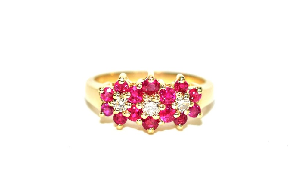 Vintage Flower Ring 14K Yellow Gold Plated Round Tester Pass Moissanite & Ruby