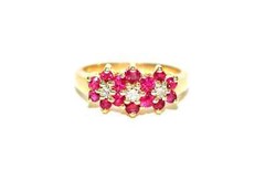 Vintage Flower Ring 14K Yellow Gold Plated Round Tester Pass Moissanite & Ruby