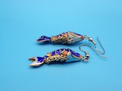 Vintage Cloisonné Blue Enamel Koi Fish Dangle Articulated Earrings French Wire