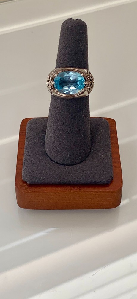 Vintage Sterling Silver Blue Glass Ring 925 CNA Thailand Size 6.5 Ornate Filigre