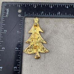 Vintage Christmas Tree Brooch LIA Gold Tone Signed Enamel Rhinestone
