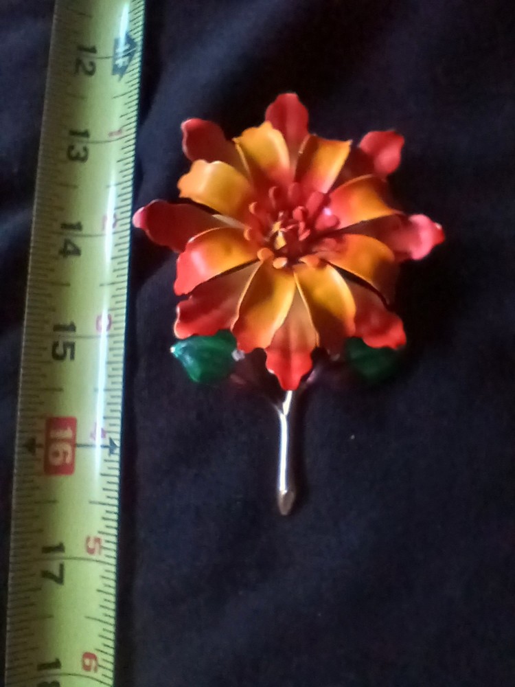 Metal Enamel Long Stem Flower Pin Vintage