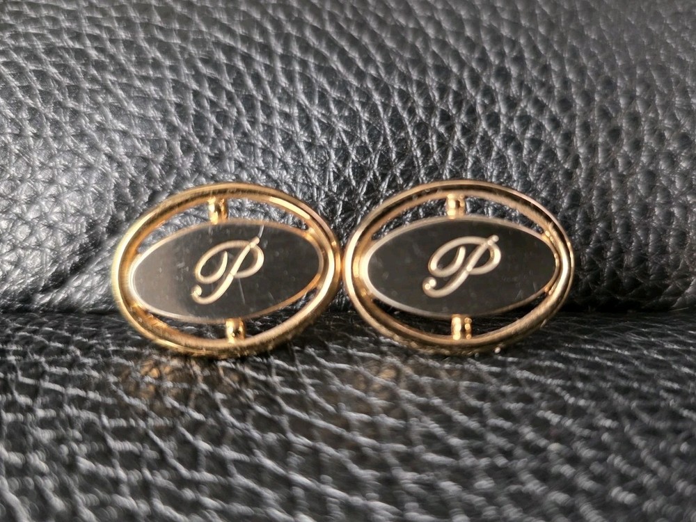 Vintage Hickok Monogram Initial P Gold Silver Tone Bullet Back Cufflinks Oval