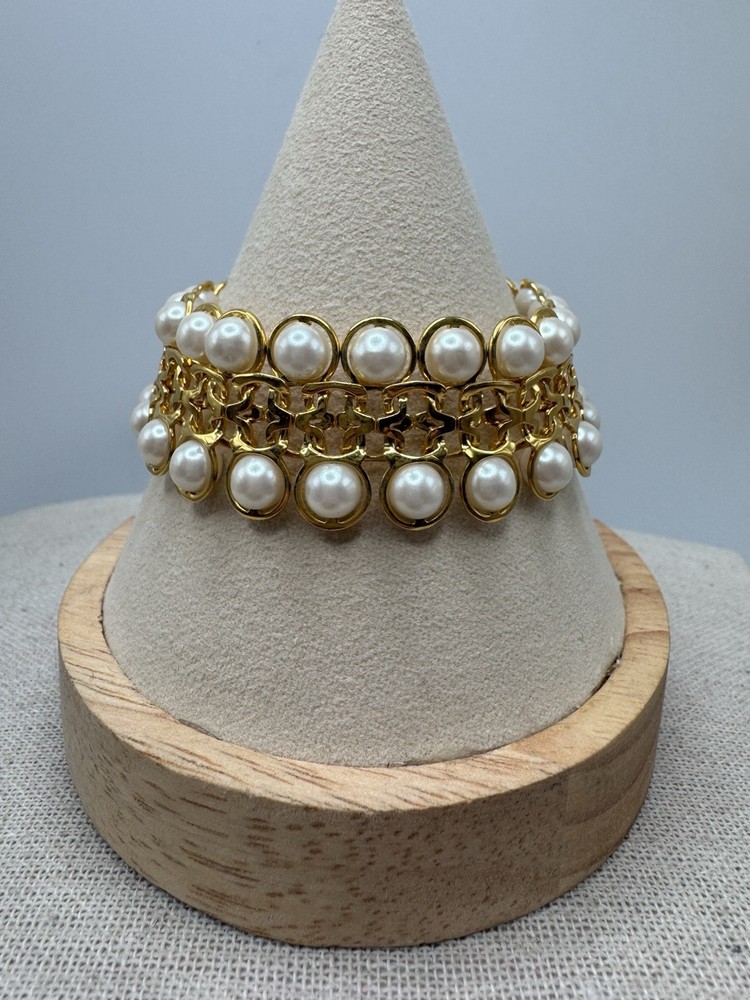 Vintage Avon Double Row Faux Pearl Gold Tone Chain Bracelet 7.5”