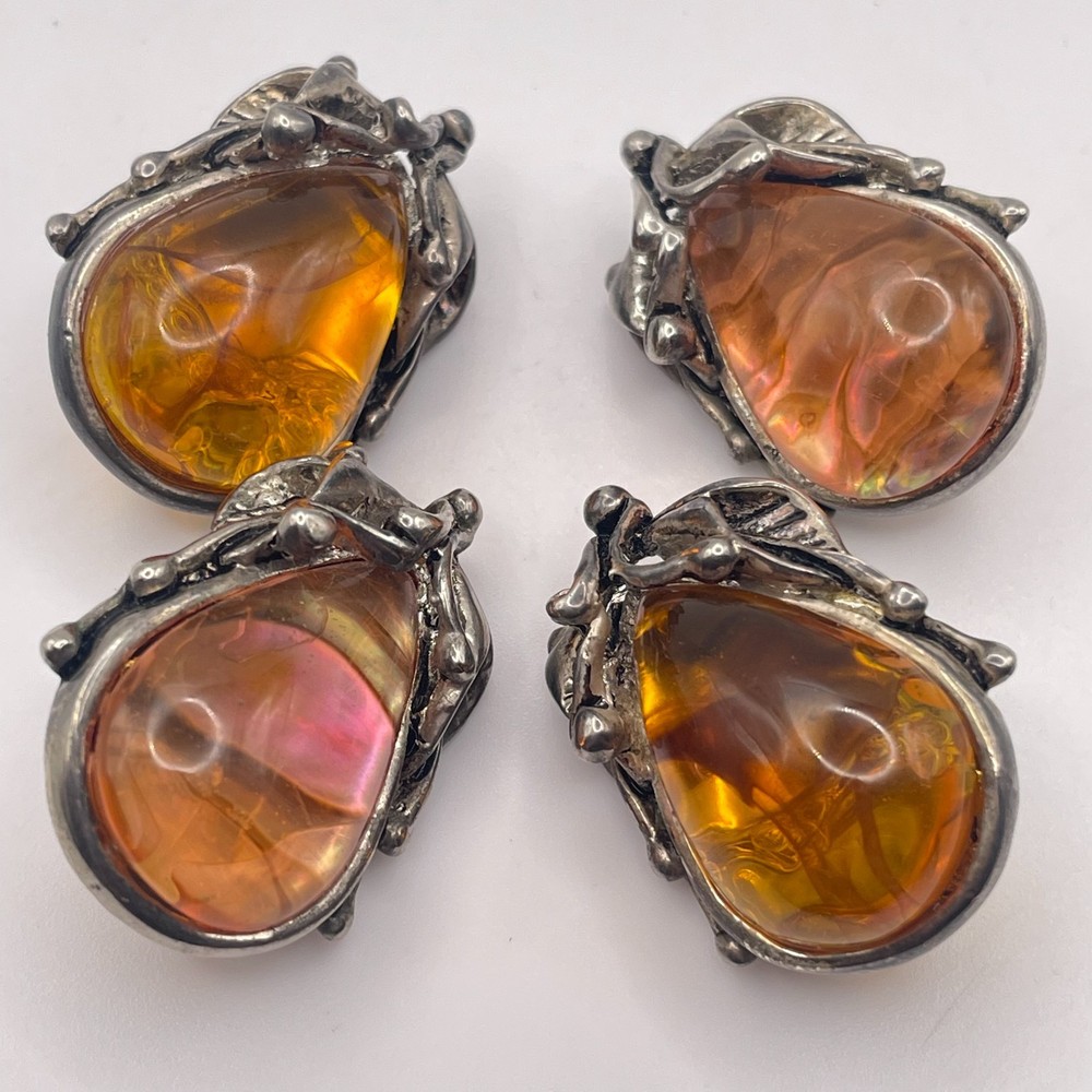 Vintage Brutalist Amber & Iridescent Aurora Borealis Resin Clip Earring Set 4pc