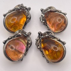 Vintage Brutalist Amber & Iridescent Aurora Borealis Resin Clip Earring Set 4pc