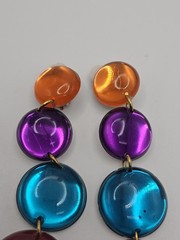 Vintage Multicolor Lucite Plastic Dangle Clip On Earrings Orange Blue Purple