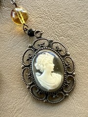 Vintage David Aubrey Necklace Cameo Crystal Rhinestone 30” Long + 2 1/4” Drop