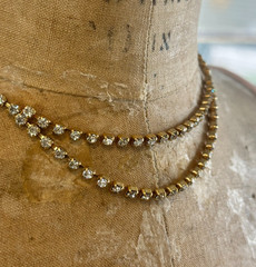 Vintage Clear Rhinestone Tennis Necklace Gold Tone Choker Cup Chain