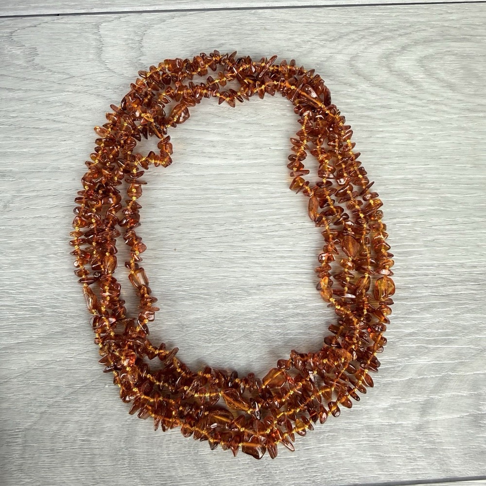 Vintage Baltic Amber Knotted Honey Cognac Beaded Necklace 75”Long Art Deco Style