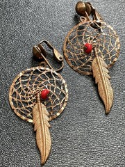 Vintage 2.2” Copper Dream Catcher Red Bead Feather Bohemian Clip Earrings