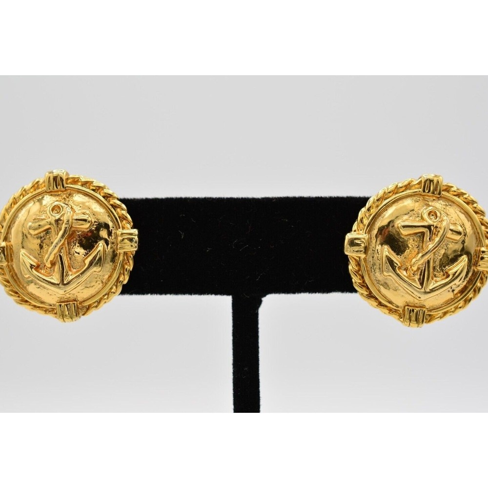 Vintage Anchor Stud Earrings Nautical Pierced Round Gold Tone 80s 1980s BinAR