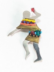 Vintage Liz Tech Handmade African Tribal Dancer Beaded Metalwork Brooch Pin