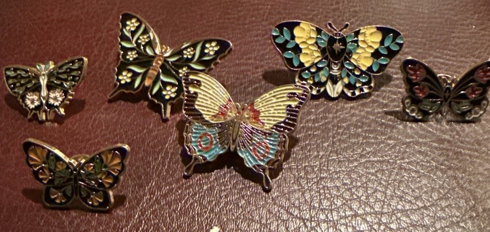 Lot Of 6 Vintage Metal With Enamel Butterfly Brooches In Various Colors