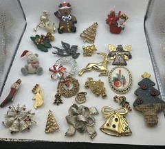 Vintage -now 24 Christmas Brooch /pin Lot Some Signed Bells, Trees, Angels, +