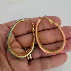 Vintage Gold Tone Pink Blue Enamel Dangle Hoop Earrings Statement