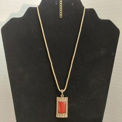 Vintage Plastic Red Stone Necklace 16.5″ With 2.5″ Extender Gold Tone