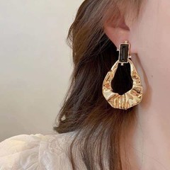 Gold Black Crystal Statement Earrings S925 Post Textured Teardrop Drop Earrings