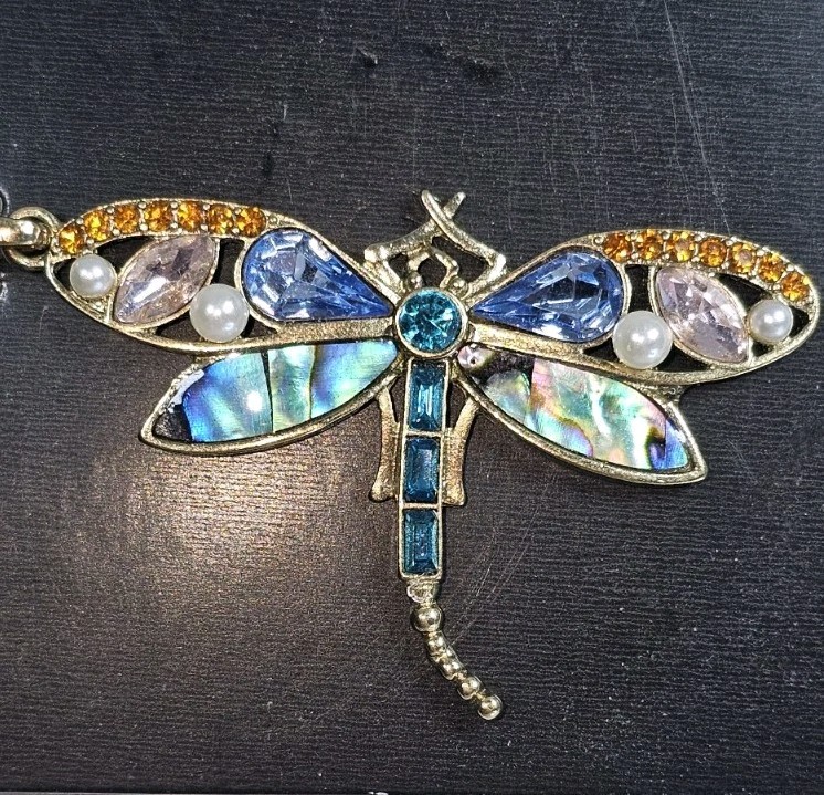 Dragonfly Pendant Abalone & Rhinestones Nickel Free Hildie & Jo